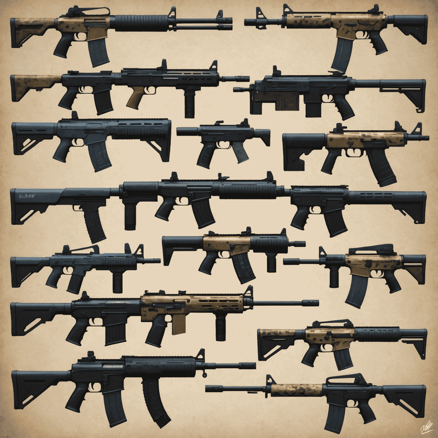 A collage of sleek and subtle Counter-Strike 2 weapon skins, showcasing various designs with clean lines and sophisticated color schemes. The image highlights different weapons adorned with LLC Slims' unique skin styles.