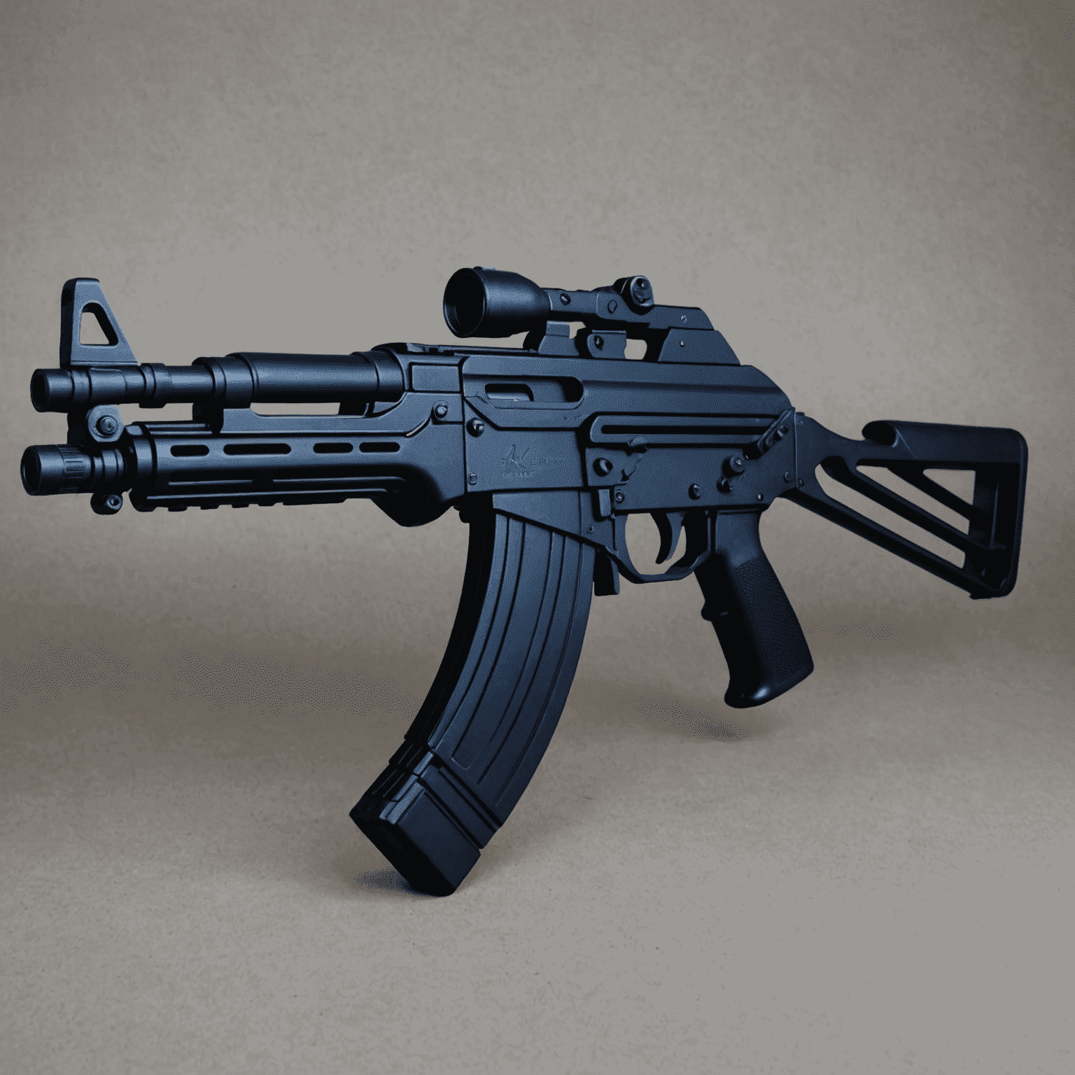 AK-47 with a sleek black finish and subtle dark blue accents, giving it a mysterious nighttime appearance