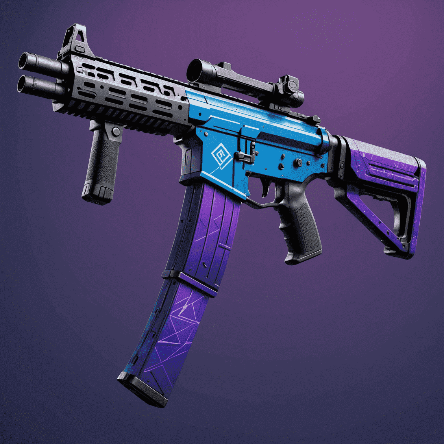 A sleek assault rifle skin with a gradient from electric blue to deep purple, featuring geometric patterns and a subtle LIS logo