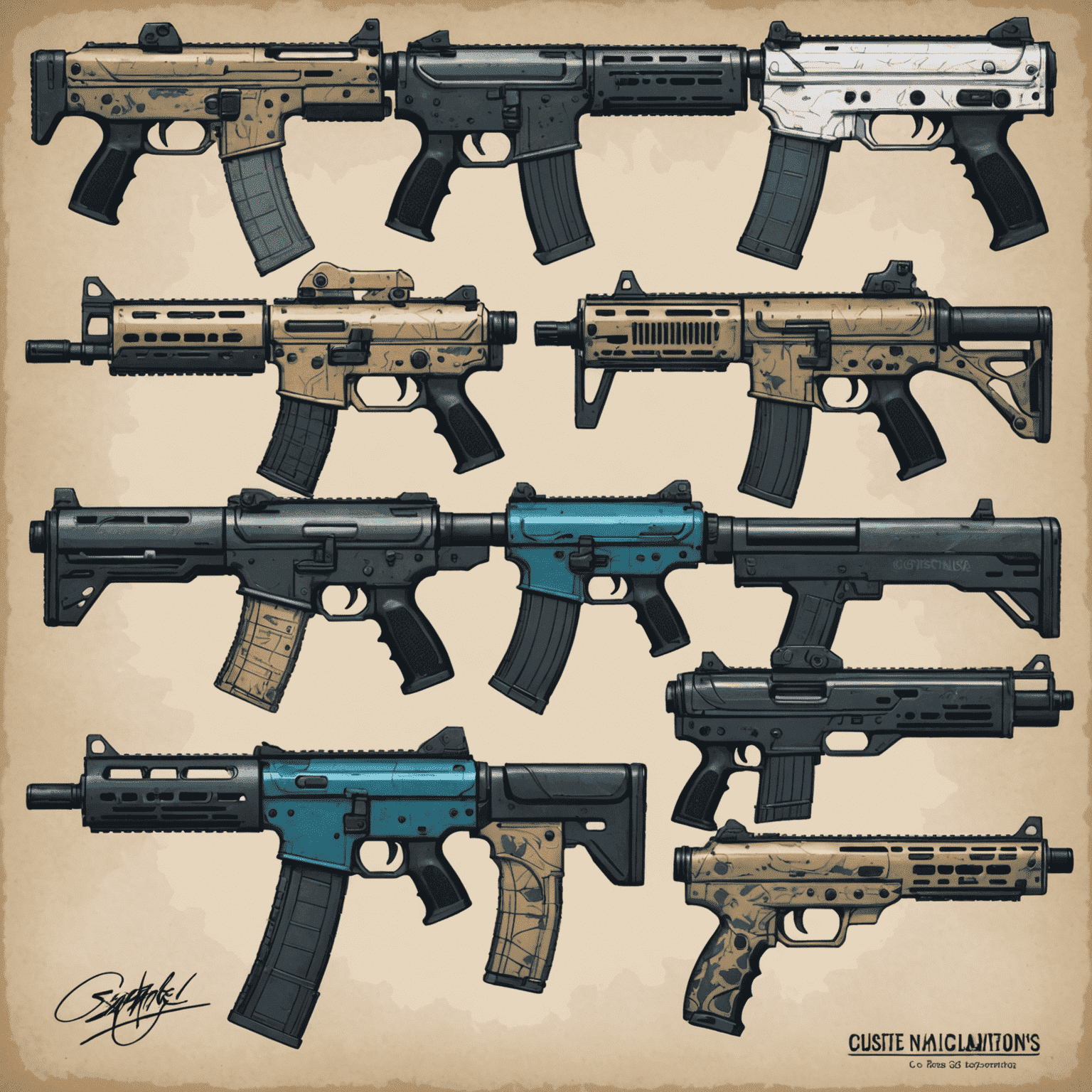 Hand-drawn sketches of various CS2 weapon skin designs, showing different patterns and color combinations