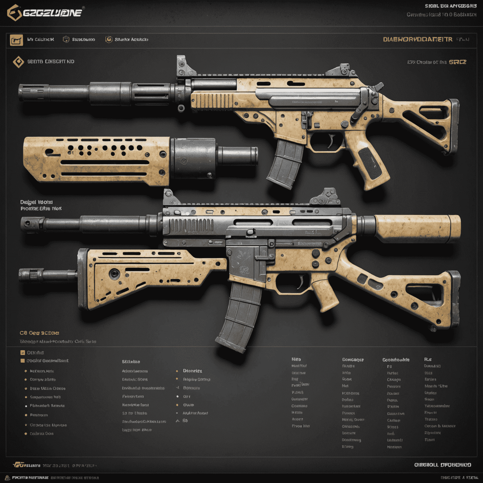 Screenshot of a digital design interface showing tools for adding textures and details to a CS2 weapon skin