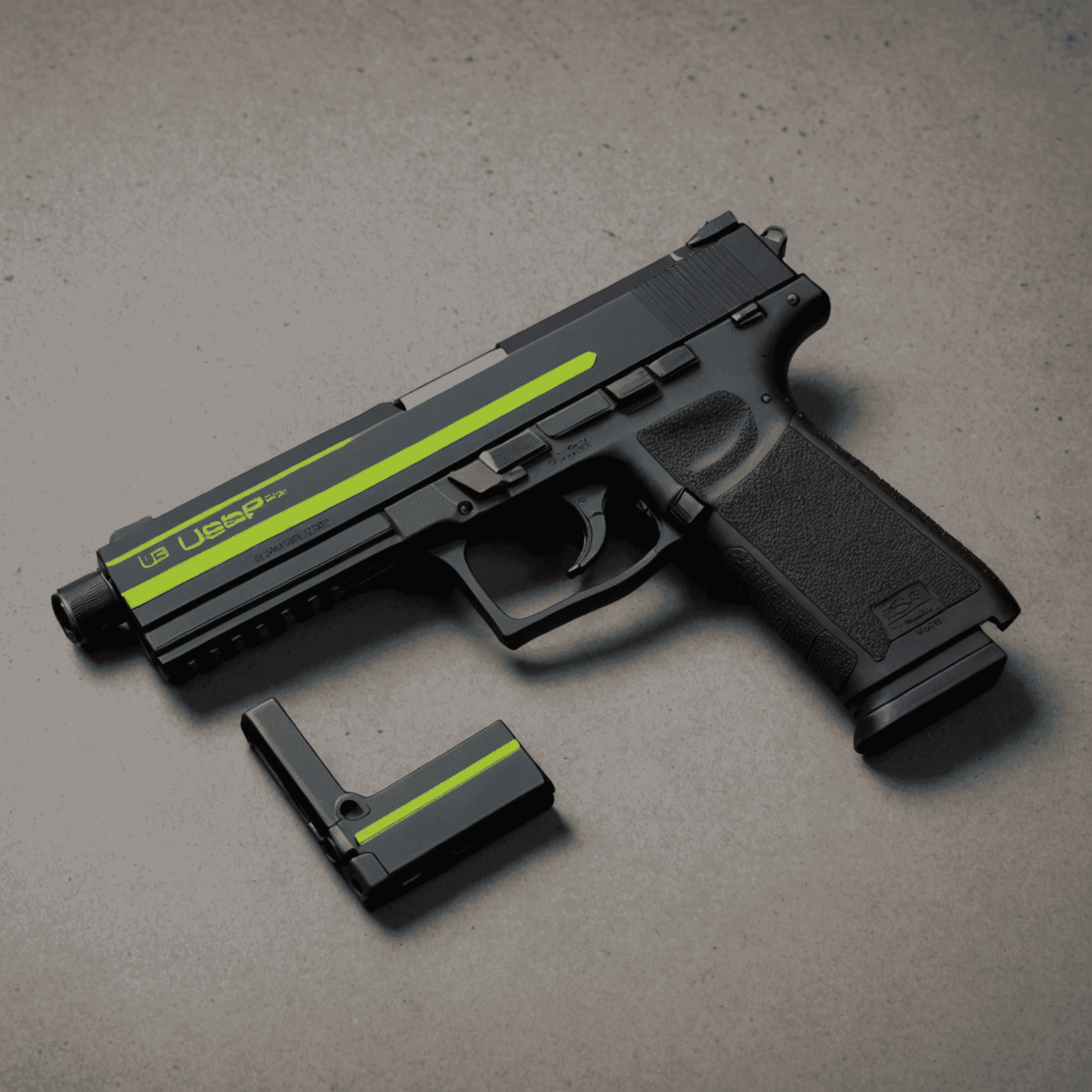 USP-S with a matte black finish and thin, pulsating neon green lines running along its body