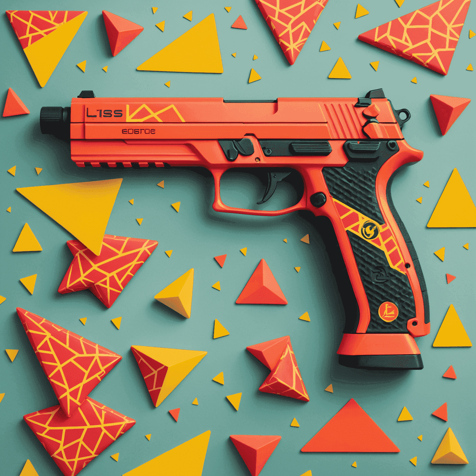 An SMG skin with a vivid coral base and energetic yellow accents, featuring dynamic triangular patterns and the LIS logo subtly integrated