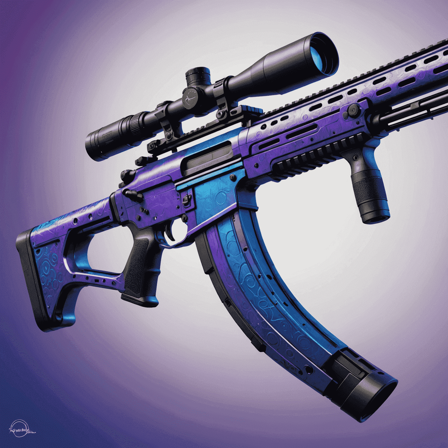 A sniper rifle skin with a gradient from deep purple to electric blue, featuring abstract circular patterns and a subtle LIS watermark